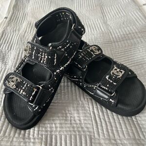 CHANEL Black and White Tweed Sandals